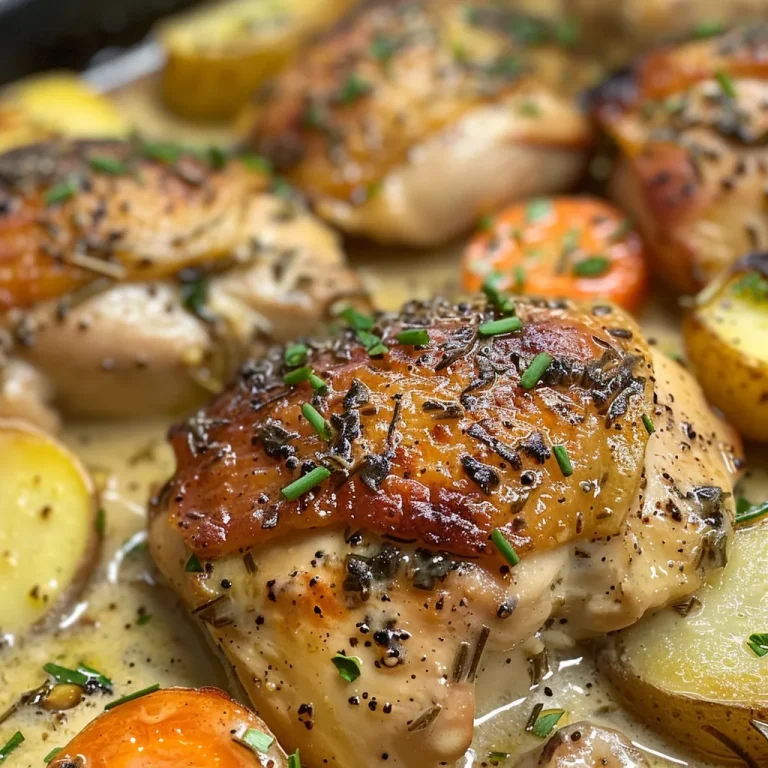 Detailed shot of creamy herb chicken accompanied by smooth mashed potatoes and bright orange glazed carrots.