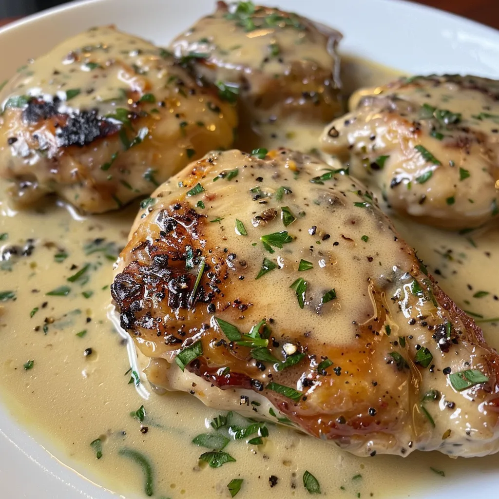 Richly colored dish showing mouthwatering creamy herb chicken, buttery mashed potatoes, and sweet glazed carrots.