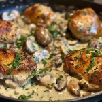 Delicious creamy mushroom chicken dish, showcasing rich sauce and ingredients.