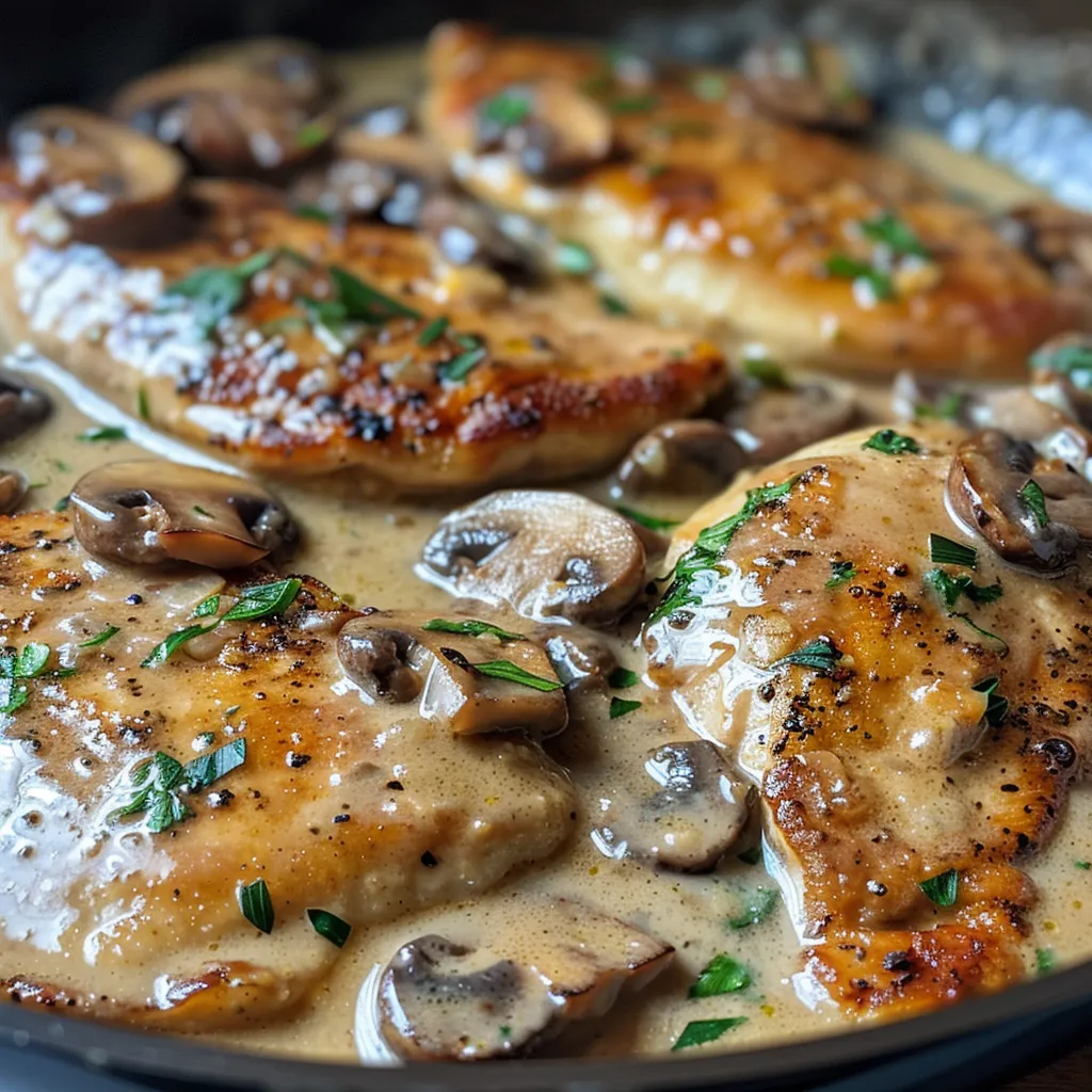 Side view of a plate featuring creamy mushroom chicken, garnished with mushrooms.