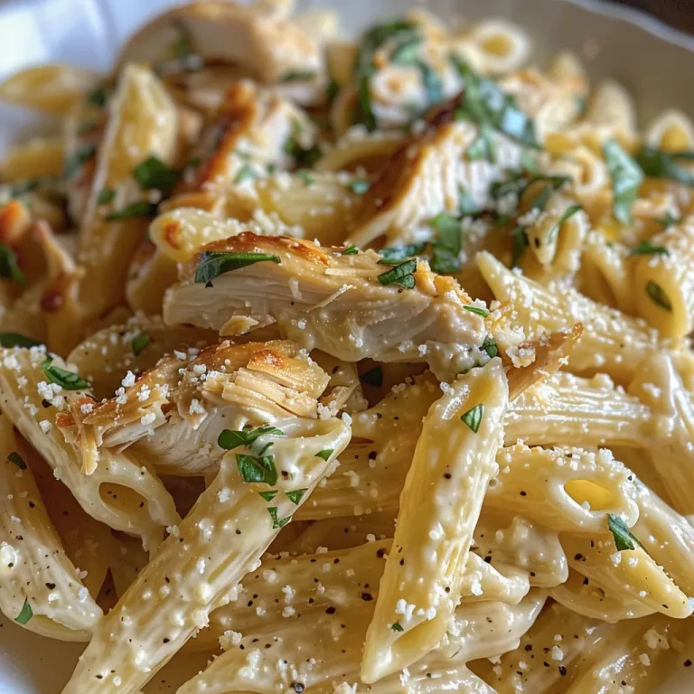 Juicy rotisserie chicken pasta with a rich cream sauce and vibrant spinach, captured from the side.