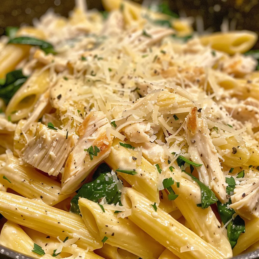 Delicious creamy pasta featuring rotisserie chicken and fresh spinach, emphasizing textures.
