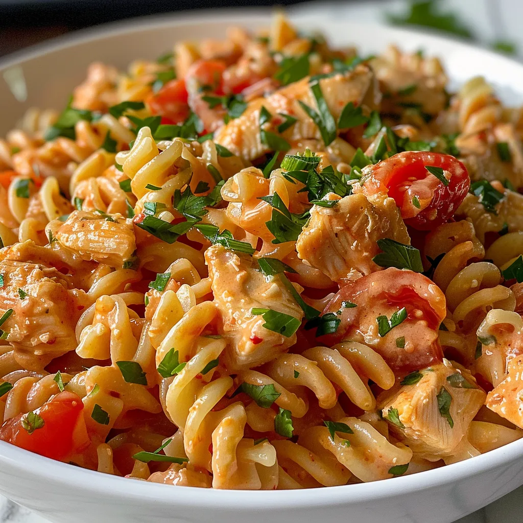 Creamy tomato chicken pasta featuring bite-sized chicken pieces and melting mozzarella cheese.