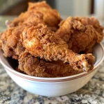 Side view of a plate filled with perfectly fried chicken, highlighting its crispiness.