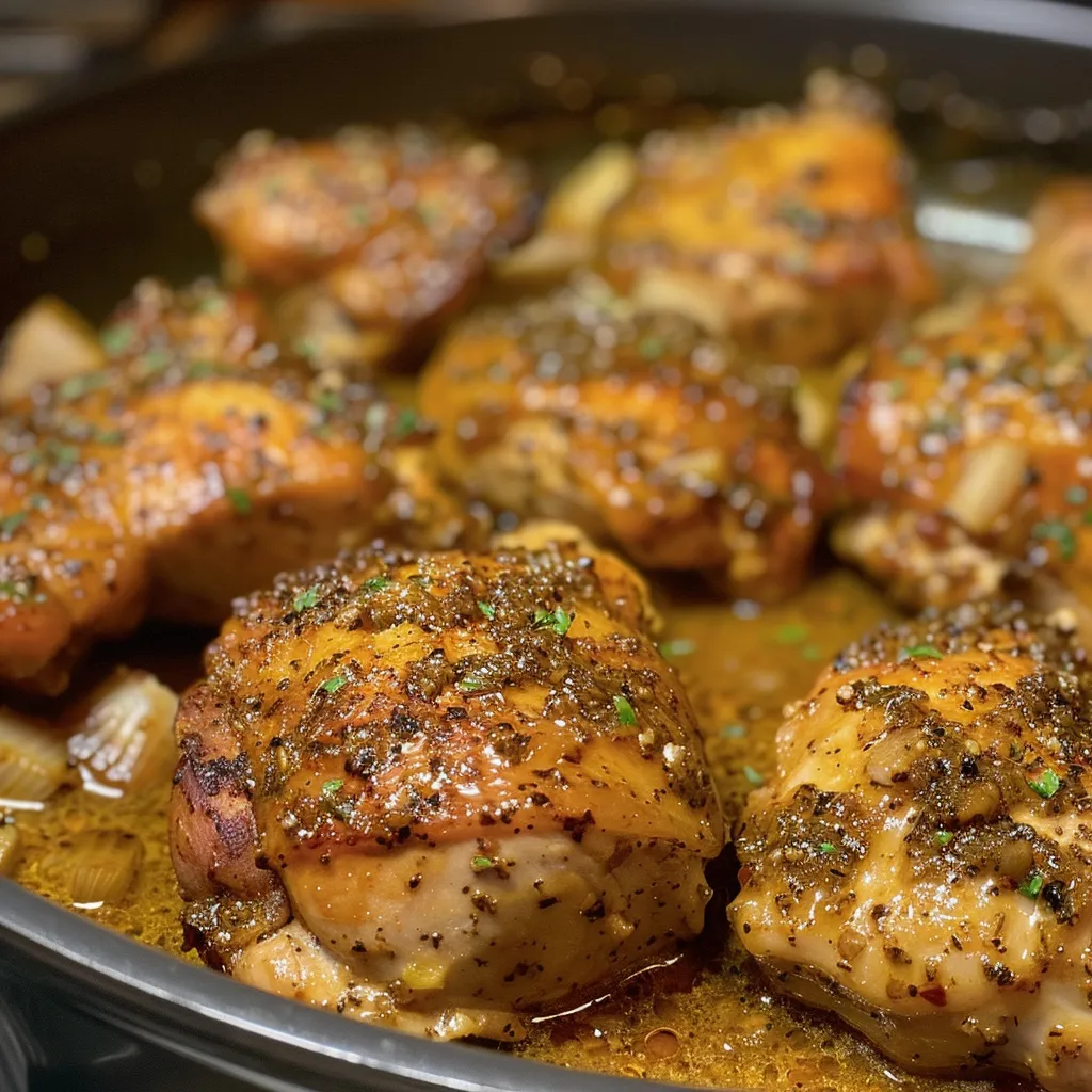 Appetizing image of Crockpot Honey Mustard Chicken garnished with herbs.