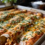 Juicy chicken enchiladas on a plate, garnished with sour cream and cilantro.