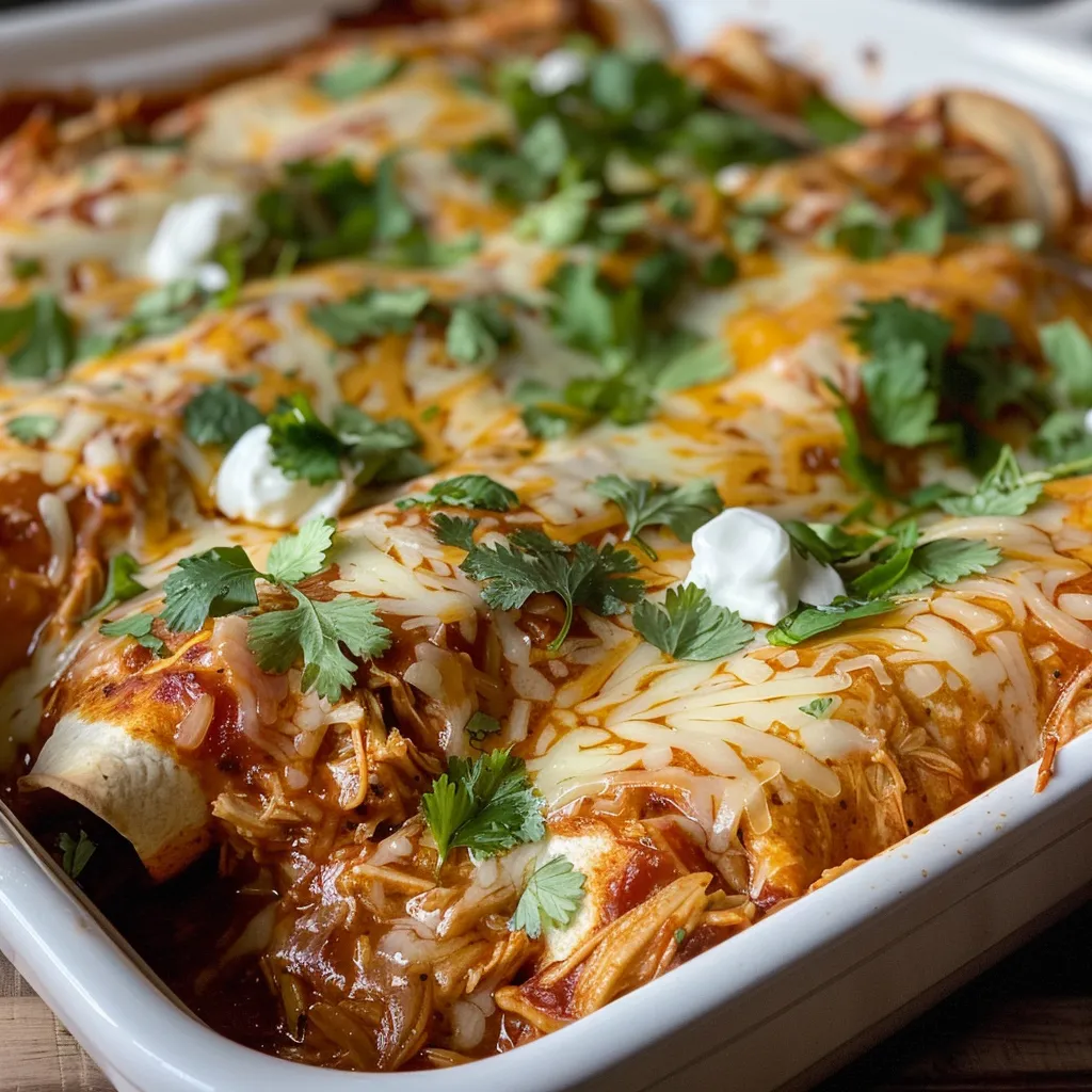 Delicious chicken enchiladas drizzled with red enchilada sauce, showcasing their cheesy filling.