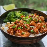 Delicious spicy Korean chicken served with steamed rice and tenderstem broccoli.