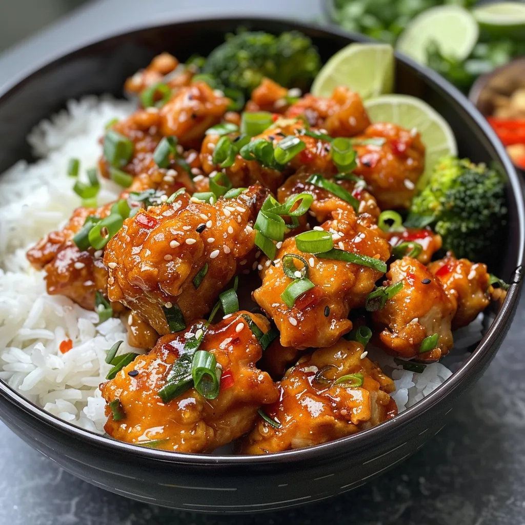 A side view of spicy chicken dish showcasing its rich sauce and fresh garnishes.