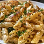 A bowl of Easy Garlic Parmesan Chicken Pasta garnished with red pepper flakes.