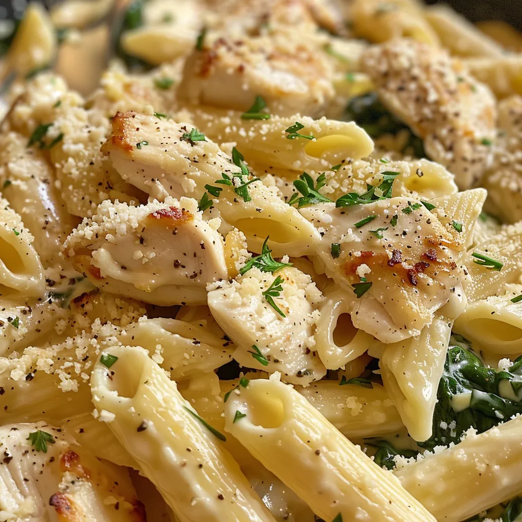 Delicious pasta dish featuring chicken, garlic, and grated Parmesan.