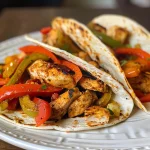 Side view of a plate filled with freshly cooked fajitas, showcasing tender chicken and vegetables.