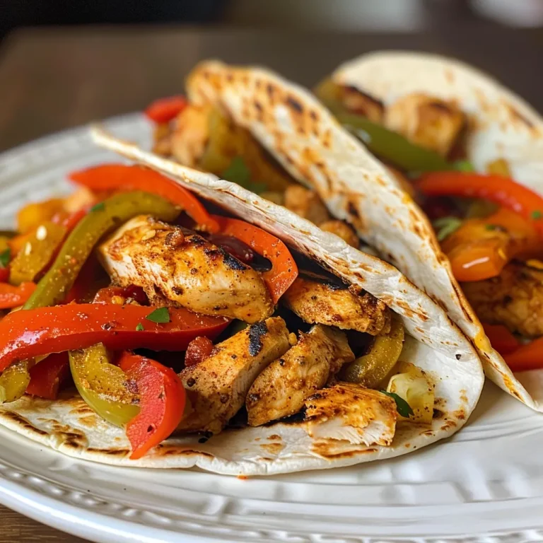 Side view of a plate filled with freshly cooked fajitas, showcasing tender chicken and vegetables.