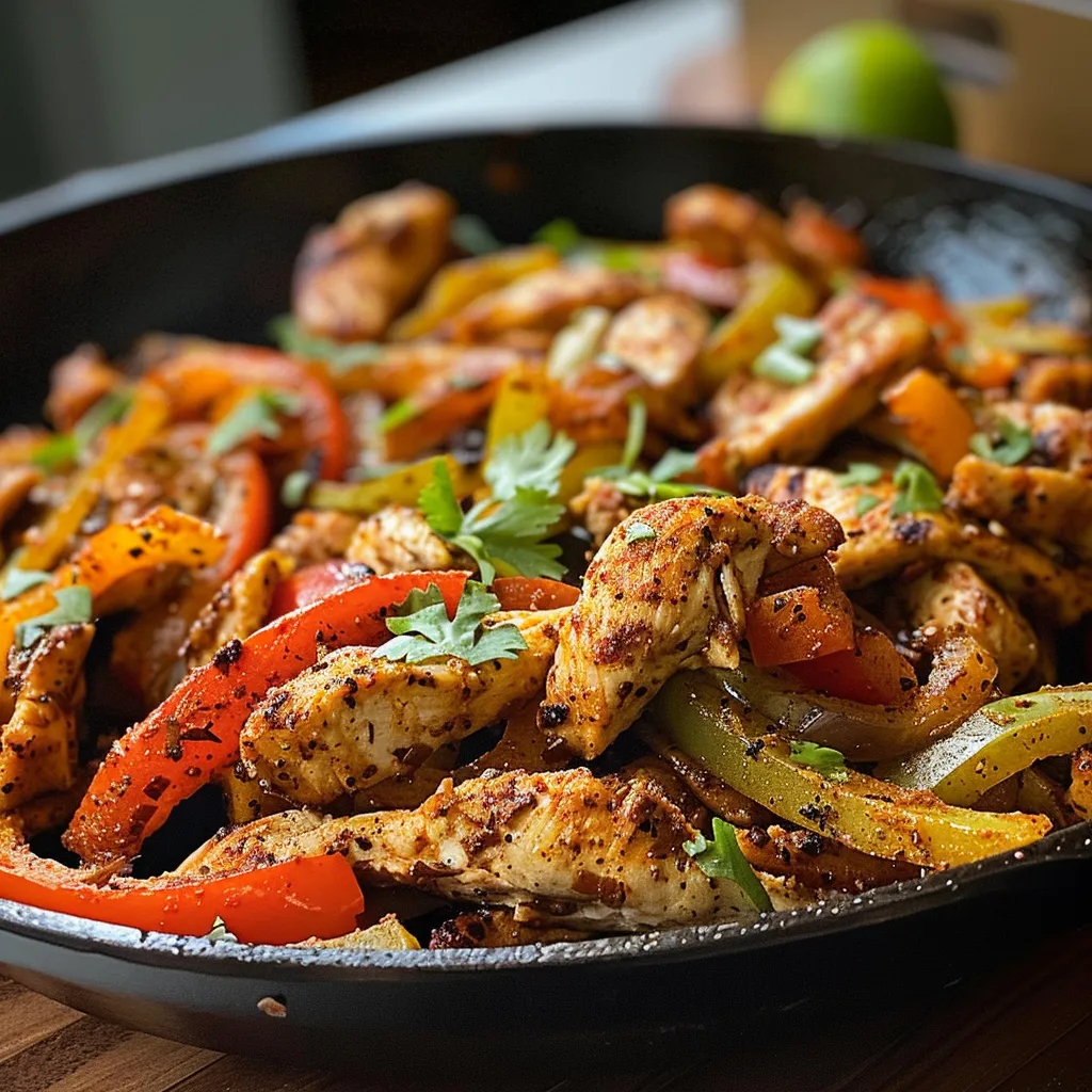 Detailed image of fajitas featuring juicy chicken, bell peppers, and tortillas, captured from the side.