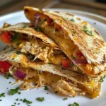 Side angle photo of a quesadilla bursting with cheese, chicken, and diced vegetables on a wooden surface.