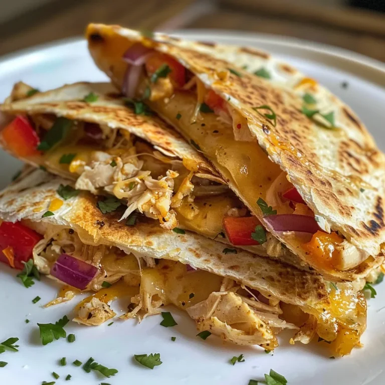 Side angle photo of a quesadilla bursting with cheese, chicken, and diced vegetables on a wooden surface.