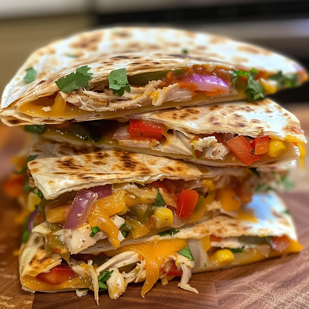 Juicy chicken quesadilla with a crispy exterior, filled with a blend of cheeses and colorful diced peppers.