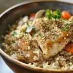 Detailed shot of creamy chicken and rice dish with green vegetables.