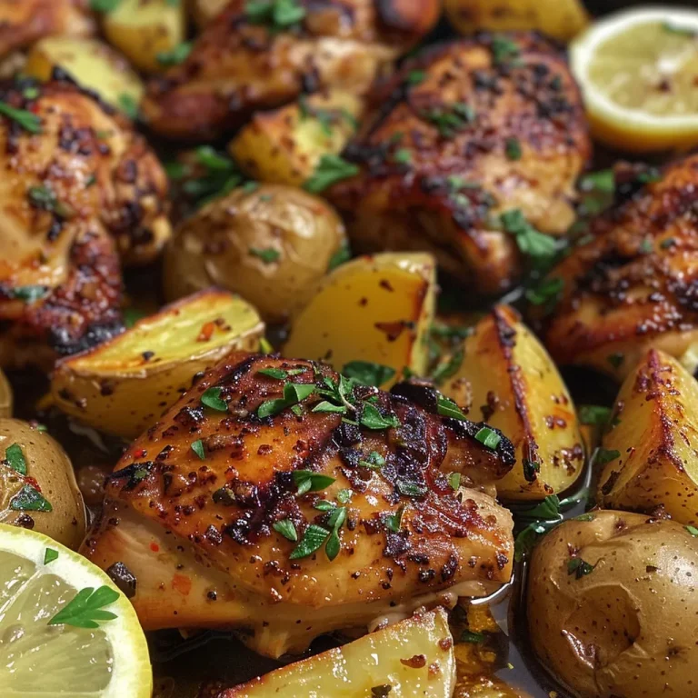 Tender chunks of chicken and crispy potatoes garnished with fresh herbs in a pan.