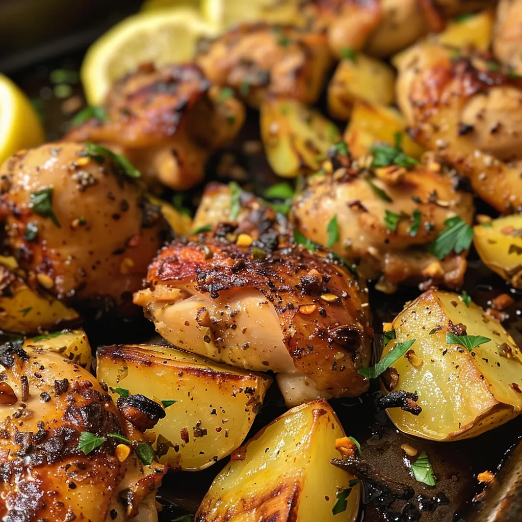 A vibrant dish of garlic butter chicken and Yukon Gold potatoes ready to serve.