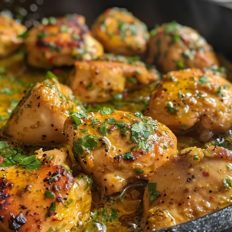 A delicious Garlic Butter Chicken Skillet with melted butter and garlic, garnished with herbs.