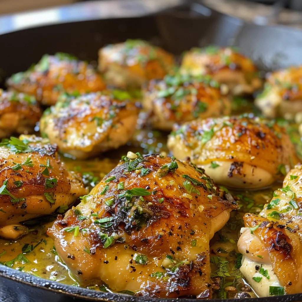 Juicy chicken thighs in garlic butter sauce, presented in a cast-iron skillet.