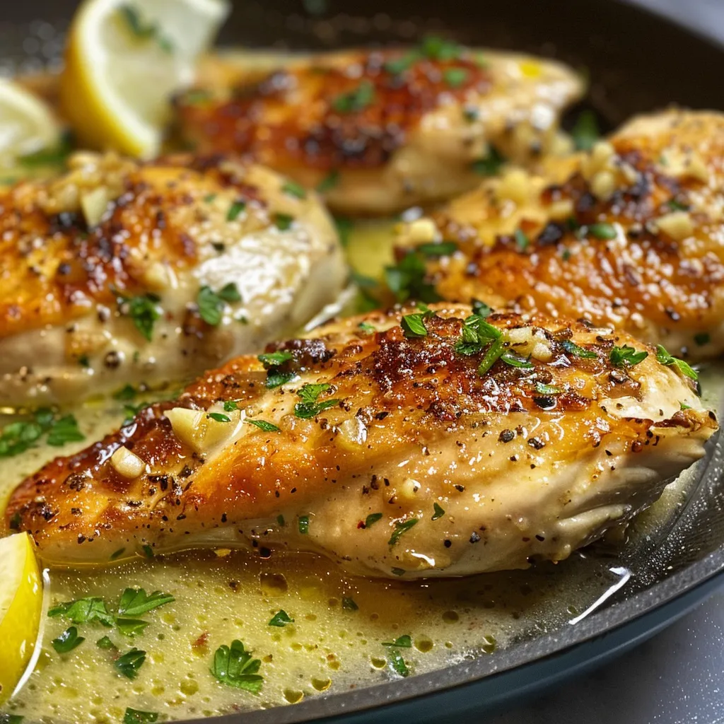 Juicy chicken breasts cooked in garlic-infused butter, served with lemon.
