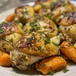 A detailed shot of garlic herb chicken served with tender baby carrots, garnished with parsley.