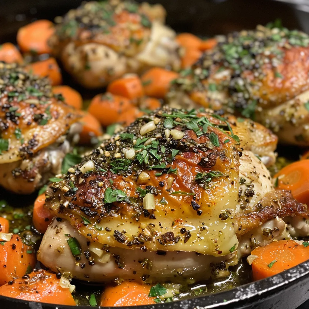 Close-up image showcasing a delicious garlic herb chicken and glazed baby carrots, highlighting juicy textures.