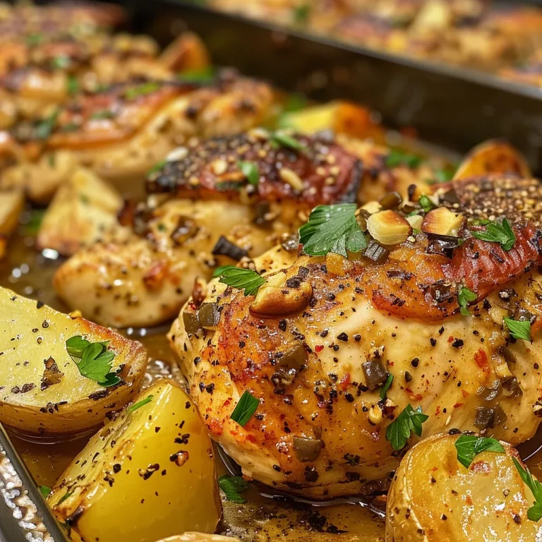Side view of a plate featuring Garlic Parmesan Chicken and crispy baby potatoes, topped with cheese.