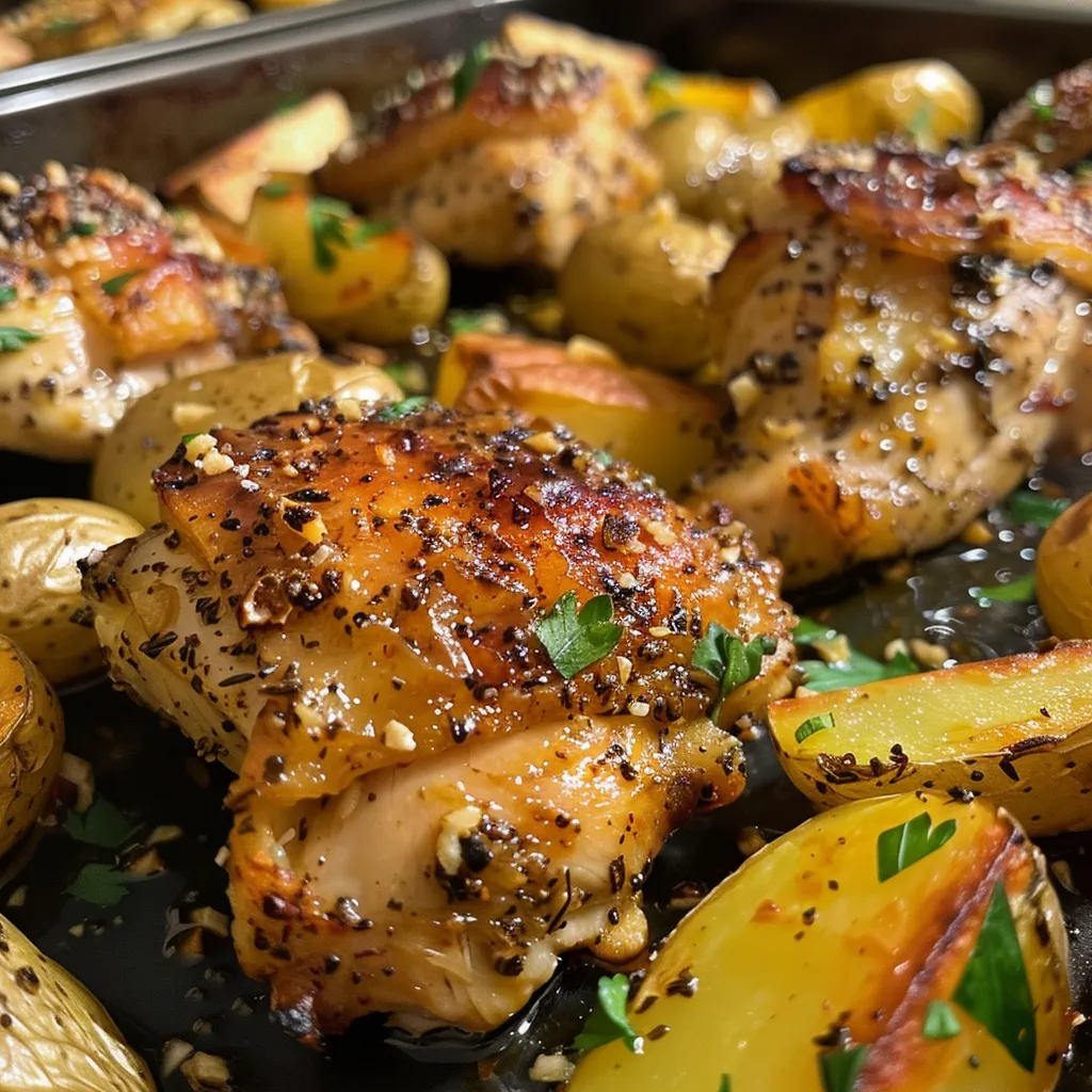 Deliciously plated Garlic Parmesan Chicken and red potatoes, sprinkled with fresh parsley.