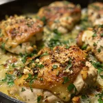 Detailed close-up of Garlic Parmesan Chicken in a skillet, emphasizing the rich sauce and herb garnish.