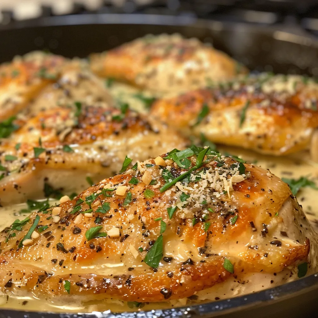 Side view of a sizzling Garlic Parmesan Chicken dish in a skillet, highlighting its texture and vibrant colors.
