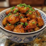 Side view of General Tso's Chicken, showing tender cubes and vibrant sauce.