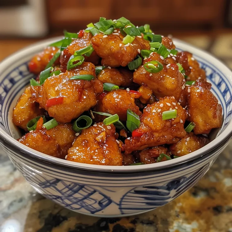 Side view of General Tso's Chicken, showing tender cubes and vibrant sauce.