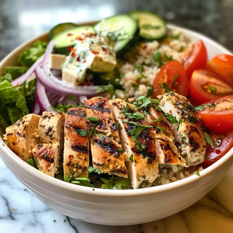A side view of a Greek Chicken Bowl showcasing layers of chicken, veggies, and creamy tzatziki sauce.