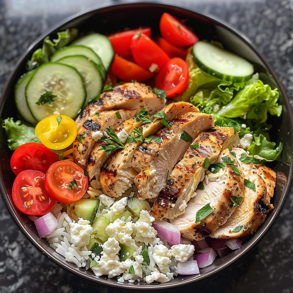 Detailed close-up of a Greek Chicken Bowl filled with grilled chicken, rice, and fresh salad ingredients.