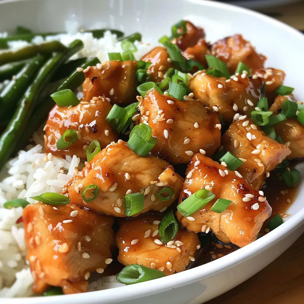 A colorful plate of Healthy Sesame Chicken alongside fresh green beans and fluffy white rice.