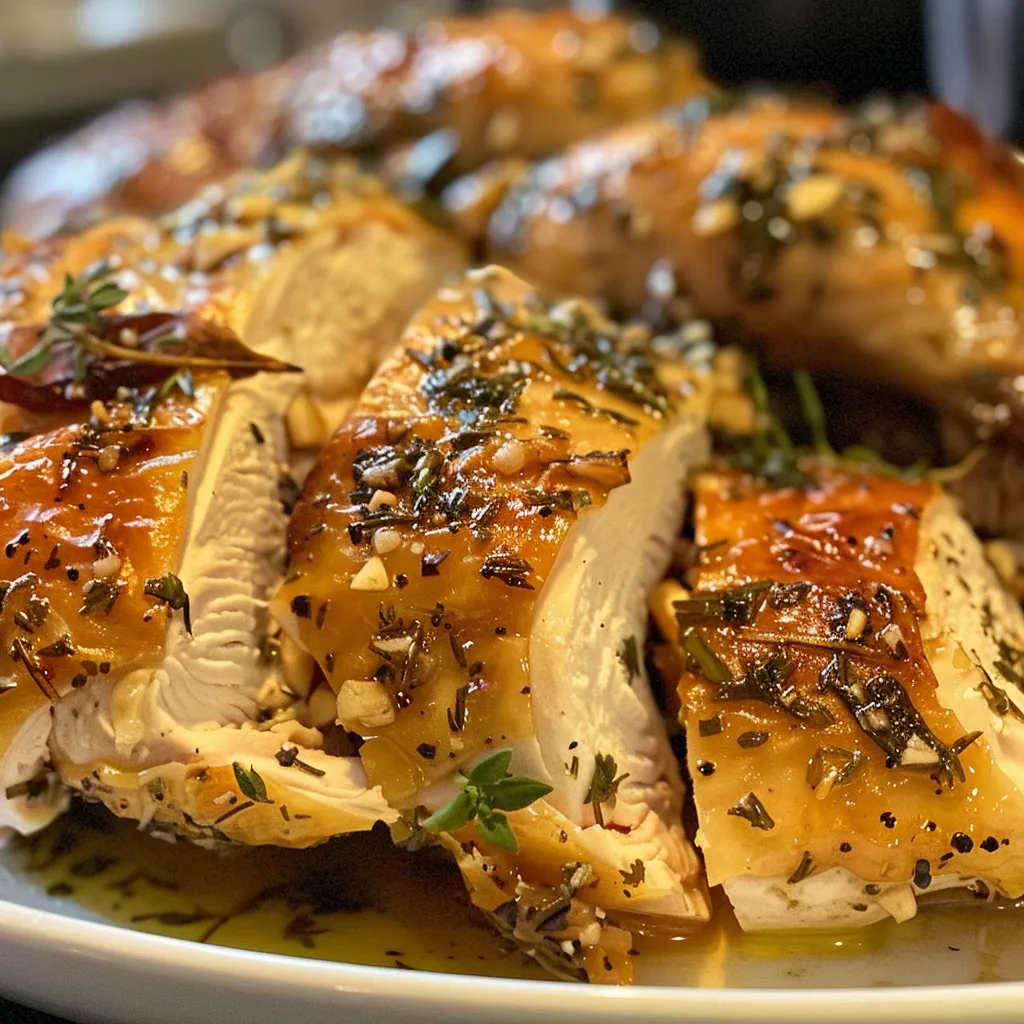 Detail of a savory herb and garlic chicken, showcasing its crispy skin.