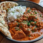 Detailed shot of butter chicken dish, highlighting spices and creamy texture against a backdrop of naan and rice.
