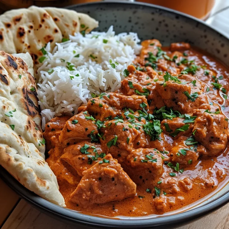 Detailed shot of butter chicken dish, highlighting spices and creamy texture against a backdrop of naan and rice.