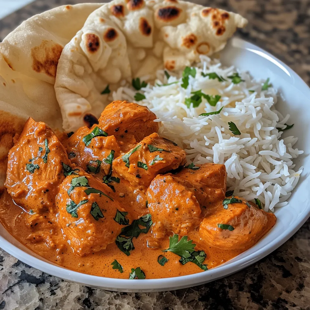 Appetizing butter chicken with garlic and onion visible, served in a bowl with sides of naan and rice.