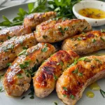 Platter of golden-brown homemade chicken sausage links, garnished with herbs.