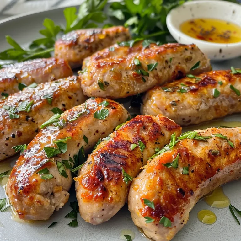 Platter of golden-brown homemade chicken sausage links, garnished with herbs.
