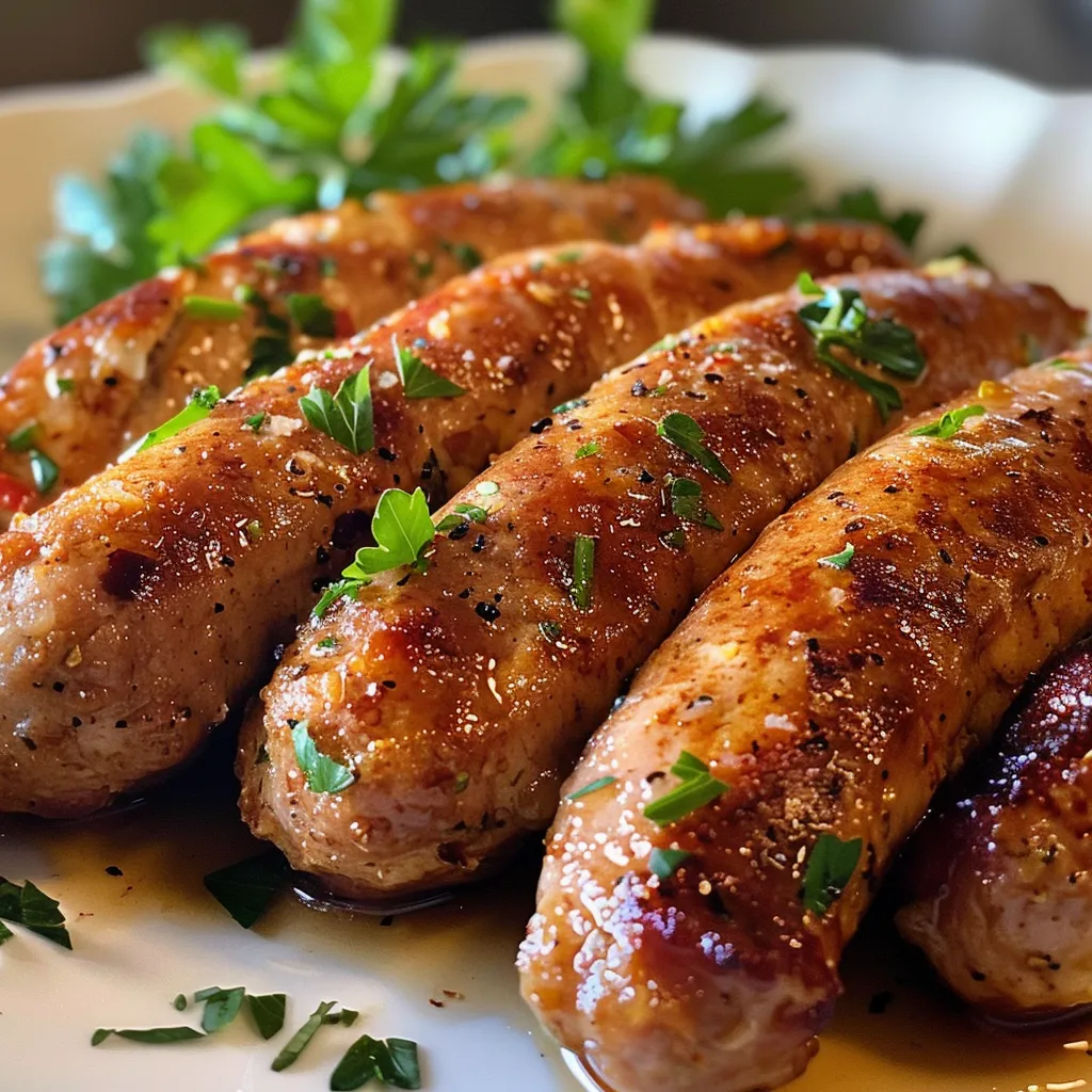 Detailed shot of sizzling chicken breakfast sausage, showcasing its spices and shine.