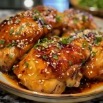 Plate of honey garlic chicken with visible pieces of garlic and a shiny glaze.
