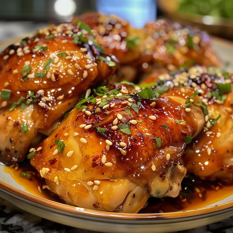 Plate of honey garlic chicken with visible pieces of garlic and a shiny glaze.