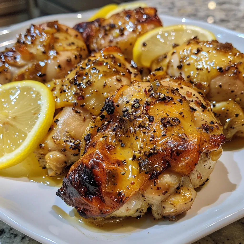 Dinner plate featuring honey lemon pepper chicken thighs and fresh lemon.