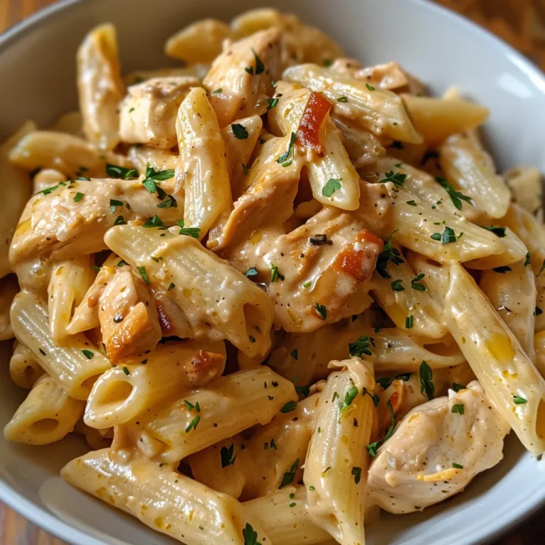 Juicy Honey Mustard Chicken Pasta displayed in a bowl featuring ingredients like penne and chicken.