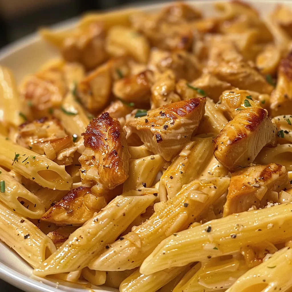 Detailed close-up of a serving of Honey Mustard Chicken Pasta highlighting its creamy sauce.